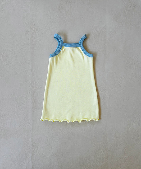 Tiny Trove - Elsie Ribbed Cotton Dress - Lemon/Sky