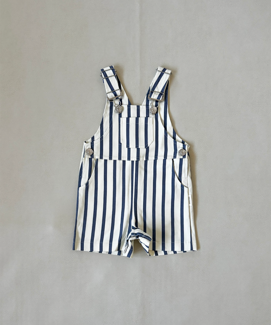 Tiny Trove - Ellis Stripe Cotton Overalls - Cream/Blue Stripe