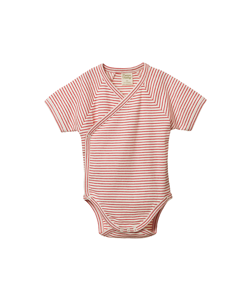 Nature Baby - Short Sleeve Kimono Bodysuit - Red Pinstripe