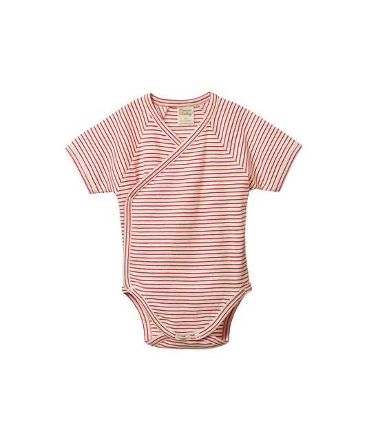 Nature Baby - Short Sleeve Kimono Bodysuit - Red Pinstripe